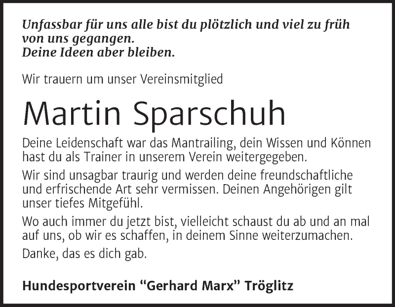  Traueranzeige für Martin Sparschuh vom 29.01.2022 aus Trauerkombi Zeitz