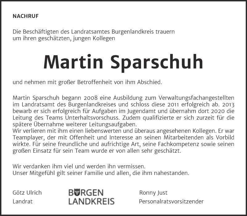  Traueranzeige für Martin Sparschuh vom 29.01.2022 aus Super Sonntag Naumburg/Nebra