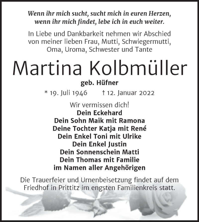  Traueranzeige für Martina Kolbmüller vom 22.01.2022 aus Trauerkombi Weißenfels