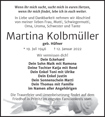 Traueranzeige von Martina Kolbmüller von Wochenspiegel Naumburg/Nebra