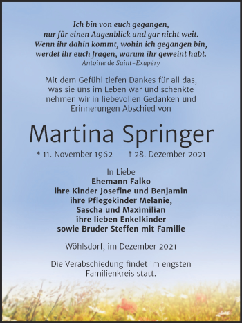 Traueranzeige von Martina Springer von Wochenspiegel Naumburg/Nebra