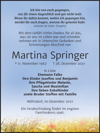 Traueranzeige von Martina Springer von Naumburger Tageblatt