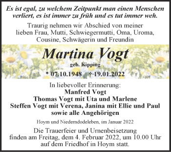 Traueranzeige von Martina Vogt von Trauerkombi Aschersleben