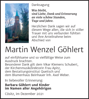 Traueranzeige von Martin Wenzel Göhlert von Trauerkombi Köthen