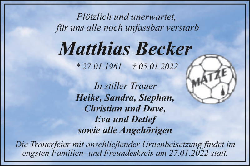  Traueranzeige für Matthias Becker vom 15.01.2022 aus Trauerkombi Dessau