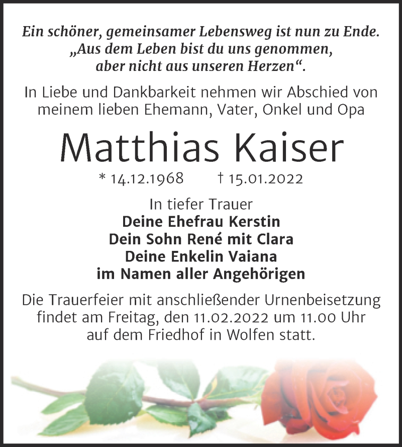  Traueranzeige für Matthias Kaiser vom 26.01.2022 aus Trauerkombi Bitterfeld