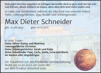 Traueranzeige von Max Dieter Schneider von Trauerkombi Bitterfeld