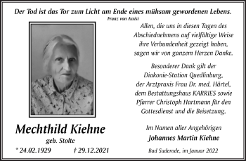 Traueranzeige von Mechthild Kiehne von Trauerkombi Quedlinburg