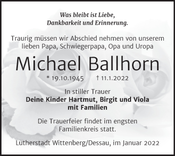 Traueranzeige von Michael Ballhorn von Trauerkombi Dessau
