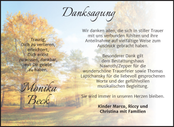 Traueranzeige von Monika Beck von Trauerkombi Bitterfeld