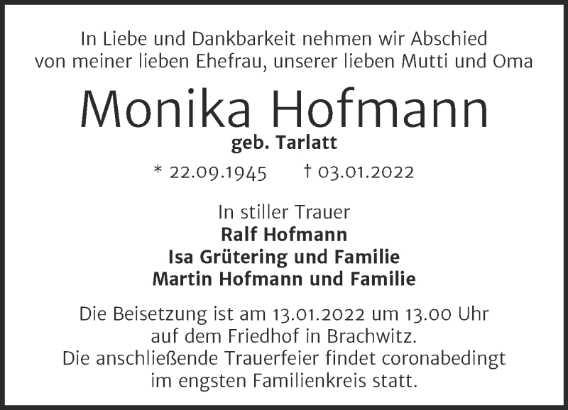  Traueranzeige für Monika Hofmann vom 08.01.2022 aus Mitteldeutsche Zeitung Halle/Saalkreis