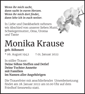 Traueranzeige von Monika Krause von Mitteldeutsche Zeitung Halle/Saalkreis