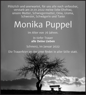 Traueranzeige von Monika Puppel von Trauerkombi Bitterfeld