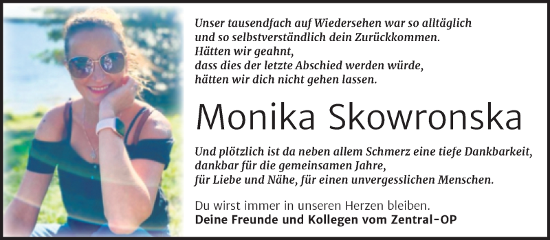  Traueranzeige für Monika Skowronska vom 08.01.2022 aus Trauerkombi Wittenberg
