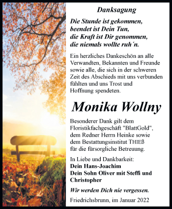 Traueranzeige von Monika Wollny von Trauerkombi Quedlinburg