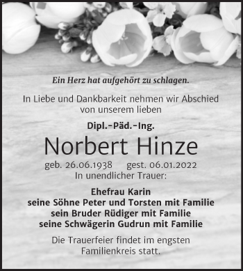 Traueranzeige von Norbert Hinze von Mitteldeutsche Zeitung Halle/Saalkreis