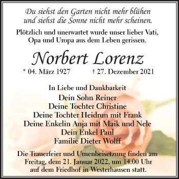 Traueranzeige von Norbert Lorenz von Trauerkombi Quedlinburg