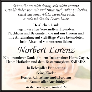Traueranzeige von Norbert Lorenz von Trauerkombi Quedlinburg