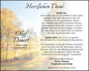 Traueranzeige von Olaf Dobert von Trauerkombi Mansfelder Land