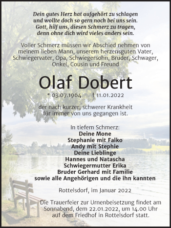 Traueranzeige von Olaf Dobert von Trauerkombi Mansfelder Land