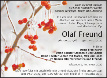 Traueranzeige von Olaf Freund von Trauerkombi Wittenberg