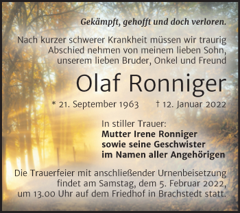 Traueranzeige von Olaf Ronniger von Mitteldeutsche Zeitung Halle/Saalkreis