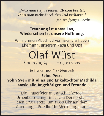 Traueranzeige von Olaf Wüst von Mitteldeutsche Zeitung Merseburg/Querfurt