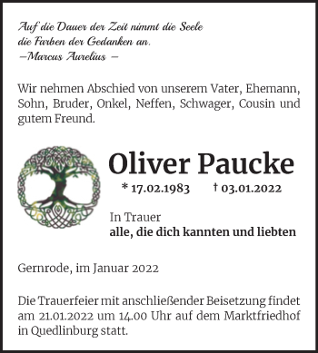 Traueranzeige von Oliver Paucke von Trauerkombi Quedlinburg