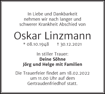 Traueranzeige von Oskar Linzmann von Mitteldeutsche Zeitung Halle/Saalkreis