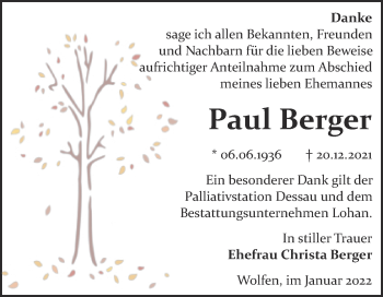 Traueranzeige von Paul Berger von Trauerkombi Bitterfeld