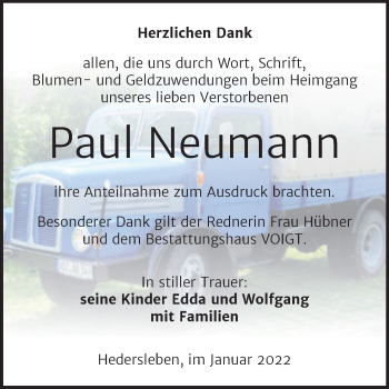 Traueranzeige von Paul Neumann von Trauerkombi Mansfelder Land