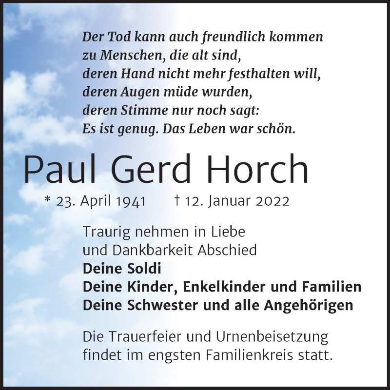  Traueranzeige für Paul Gerd Horch vom 19.01.2022 aus Mitteldeutsche Zeitung Sangerhausen