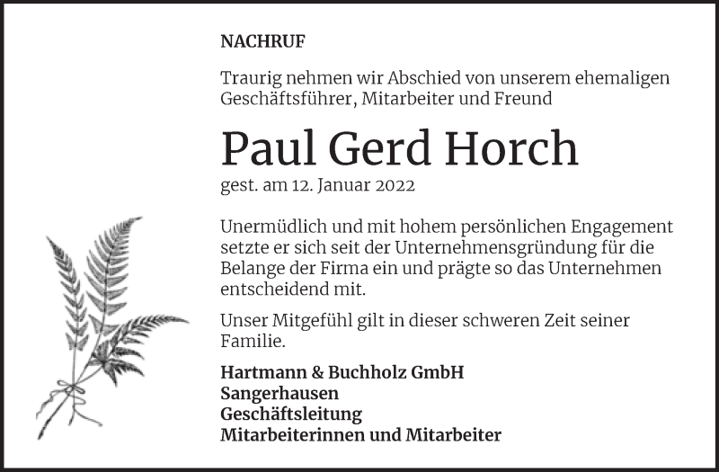  Traueranzeige für Paul Gerd Horch vom 26.01.2022 aus Mitteldeutsche Zeitung Sangerhausen