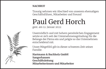 Traueranzeige von Paul Gerd Horch von Mitteldeutsche Zeitung Sangerhausen