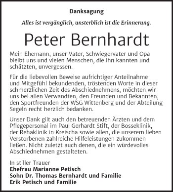 Traueranzeige von Peter Bernhardt von Trauerkombi Wittenberg