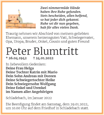 Traueranzeige von Peter Blumtritt von Mitteldeutsche Zeitung Merseburg/Querfurt