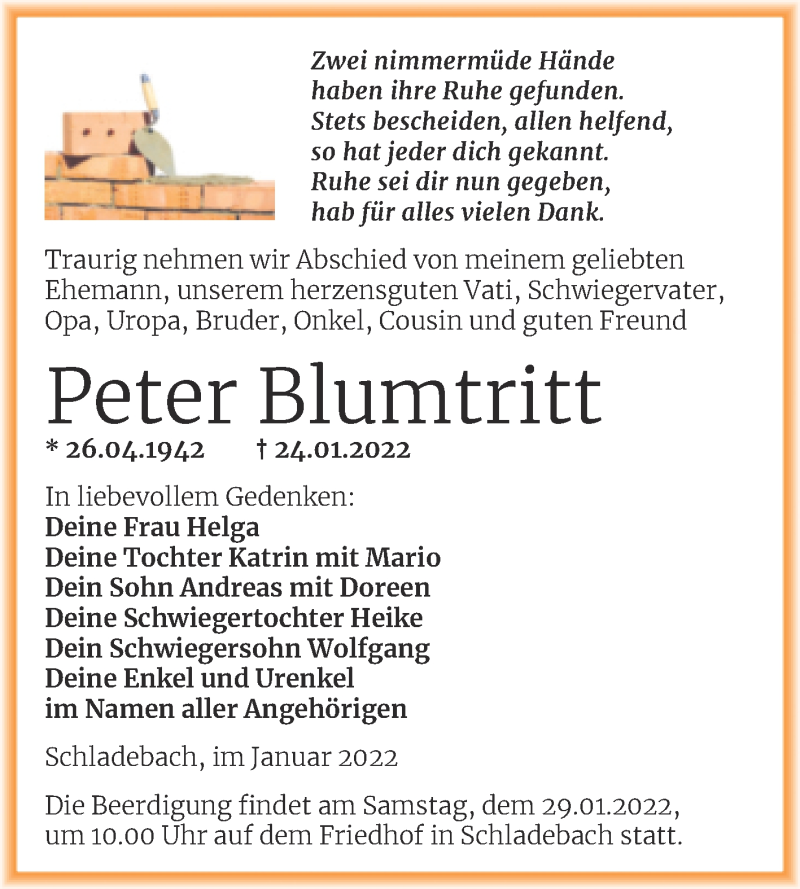  Traueranzeige für Peter Blumtritt vom 26.01.2022 aus Mitteldeutsche Zeitung Merseburg/Querfurt