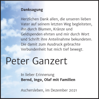 Traueranzeige von Peter Ganzert von Trauerkombi Aschersleben