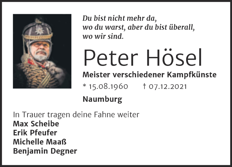  Traueranzeige für Peter Hösel vom 15.01.2022 aus Naumburger Tageblatt