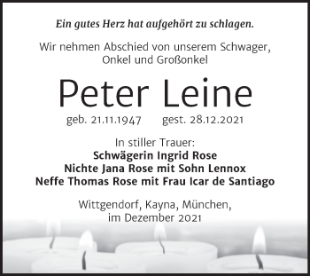 Traueranzeige von Peter Leine von Super Sonntag Zeitz
