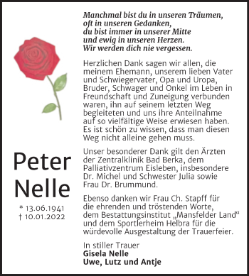Traueranzeige von Peter Nelle von Trauerkombi Mansfelder Land