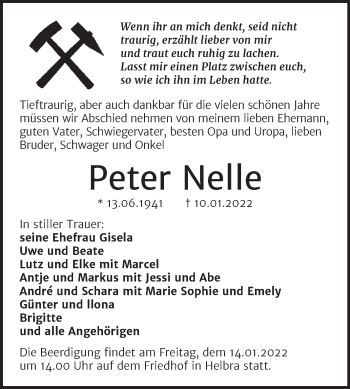 Traueranzeige von Peter Nelle von Mitteldeutsche Zeitung Mansfelder Land