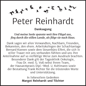 Traueranzeige von Peter Reinhardt von Trauerkombi Sangerhausen
