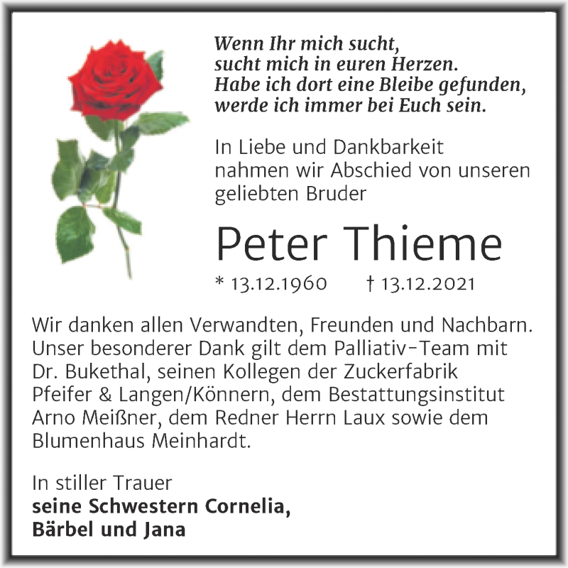  Traueranzeige für Peter Thieme vom 25.01.2022 aus Mitteldeutsche Zeitung Sangerhausen