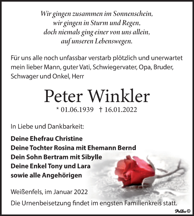  Traueranzeige für Peter Winkler vom 22.01.2022 aus Trauerkombi Weißenfels
