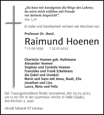 Traueranzeige von Raimund Hoenen von Mitteldeutsche Zeitung Halle/Saalkreis