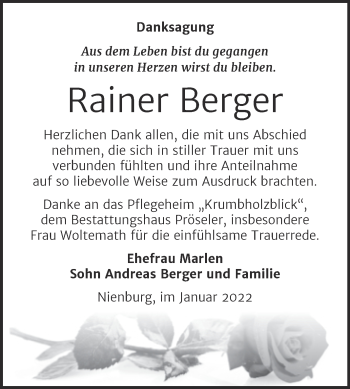 Traueranzeige von Rainer Berger von Trauerkombi Bernburg