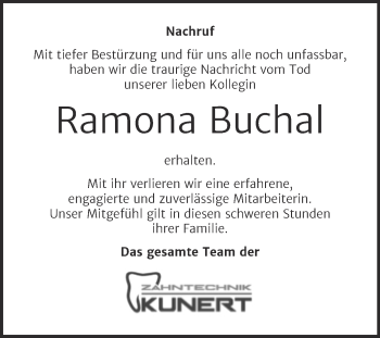 Traueranzeige von Ramona Buchal von Wochenspiegel Weißenfels