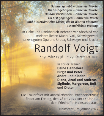 Traueranzeige von Randolf Voigt von Trauerkombi Quedlinburg