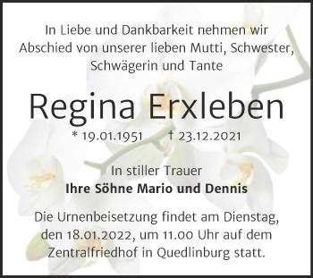 Traueranzeige von Regina Erxleben von Trauerkombi Quedlinburg